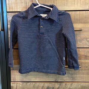 Little sleepies play long sleeve polo. Navy and grey striped print. 2T